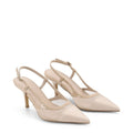 Womens slingback pointed toe high heels in nude patent leather with mesh details