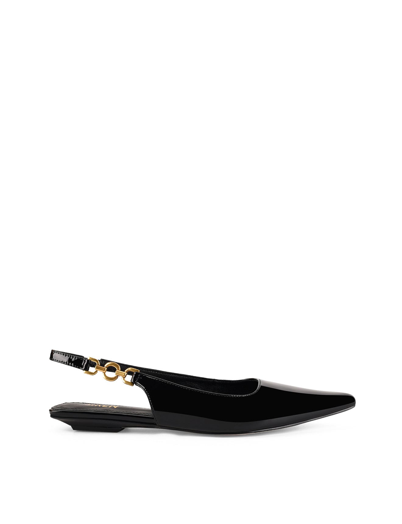 Womens black patent slingback flats with pointed toe and brass detail