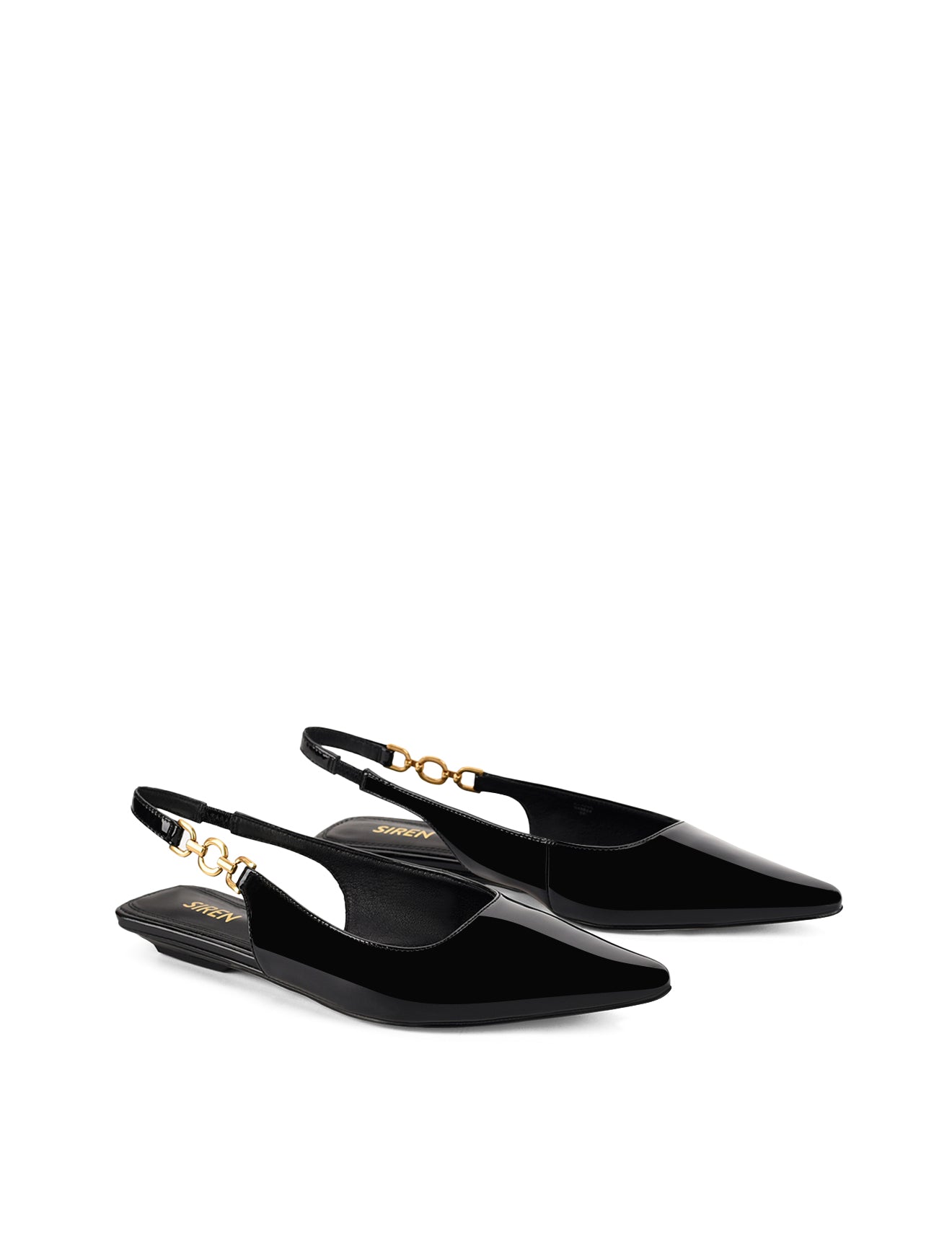 Womens black patent slingback flats with pointed toe and brass detail