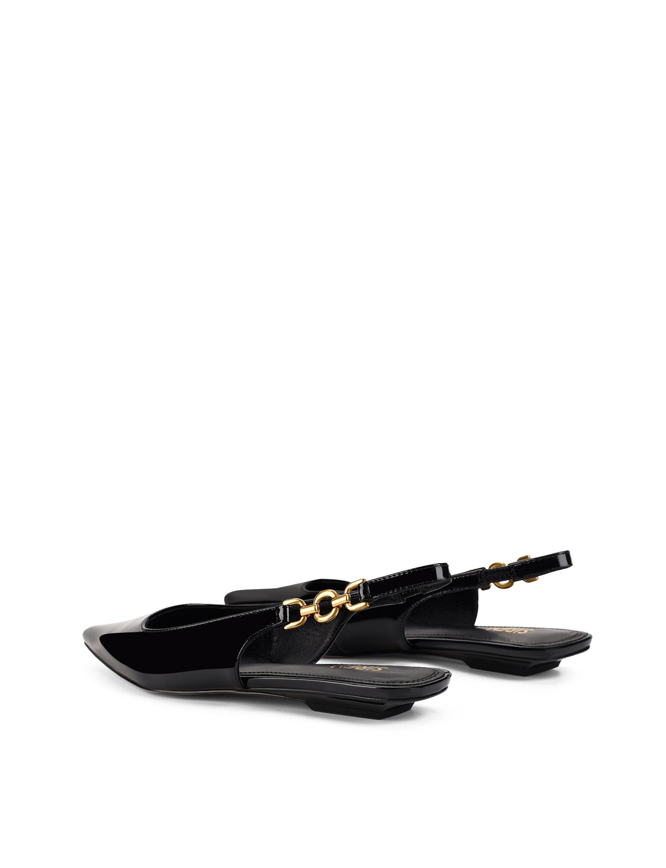 Womens black patent slingback flats with pointed toe and brass detail