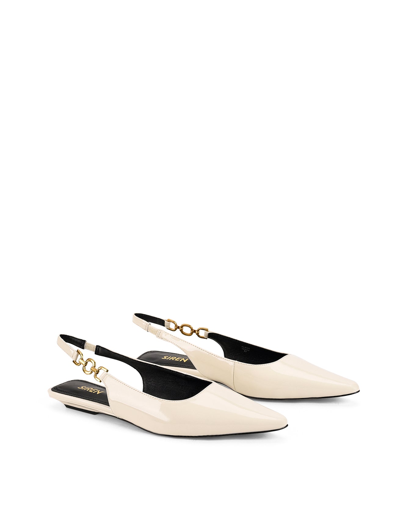 Womens white patent slingback flats with pointed toe and brass detail