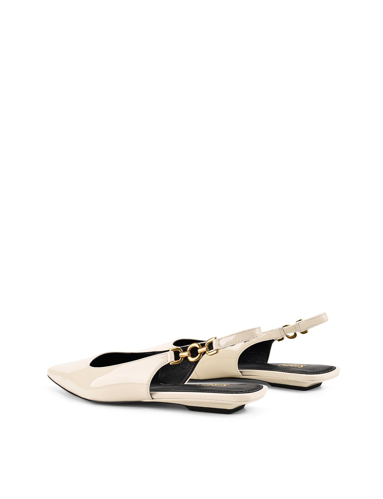 Womens white patent slingback flats with pointed toe and brass detail