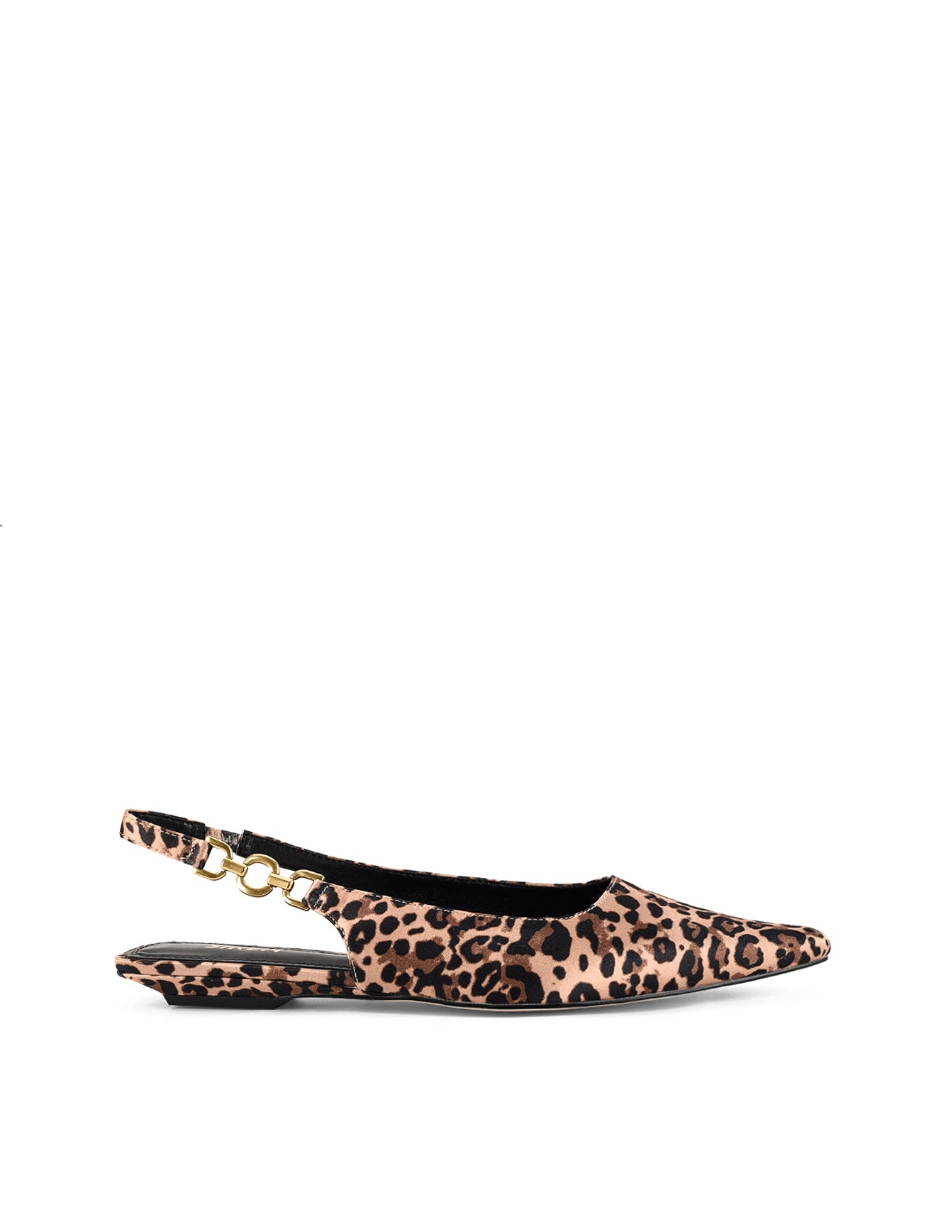 Womens leopard print satin slingback flat with pointed toe and brass details