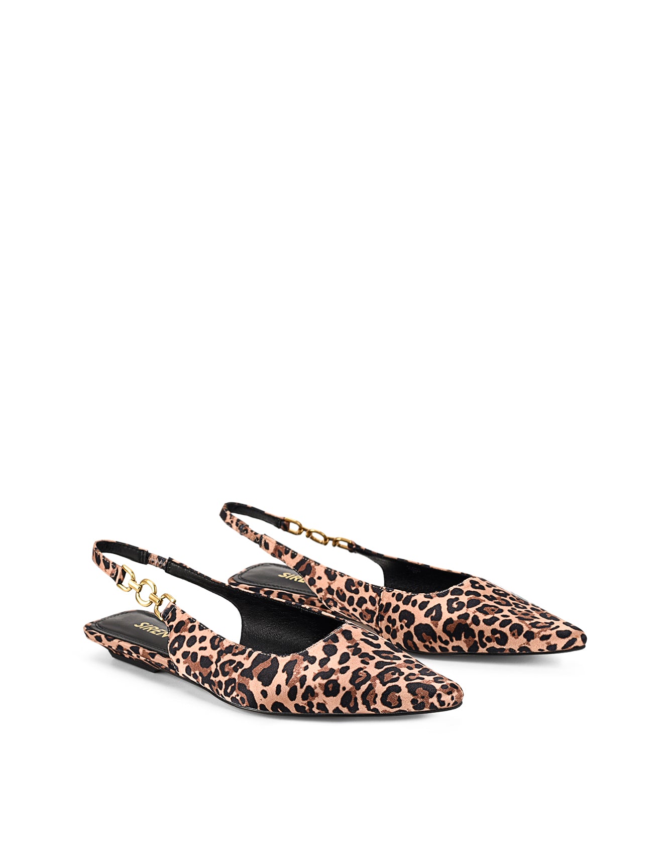 Womens leopard print satin slingback flat with pointed toe and brass details