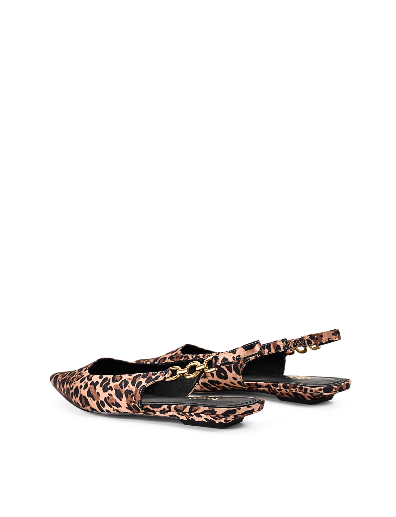 Womens leopard print satin slingback flat with pointed toe and brass details