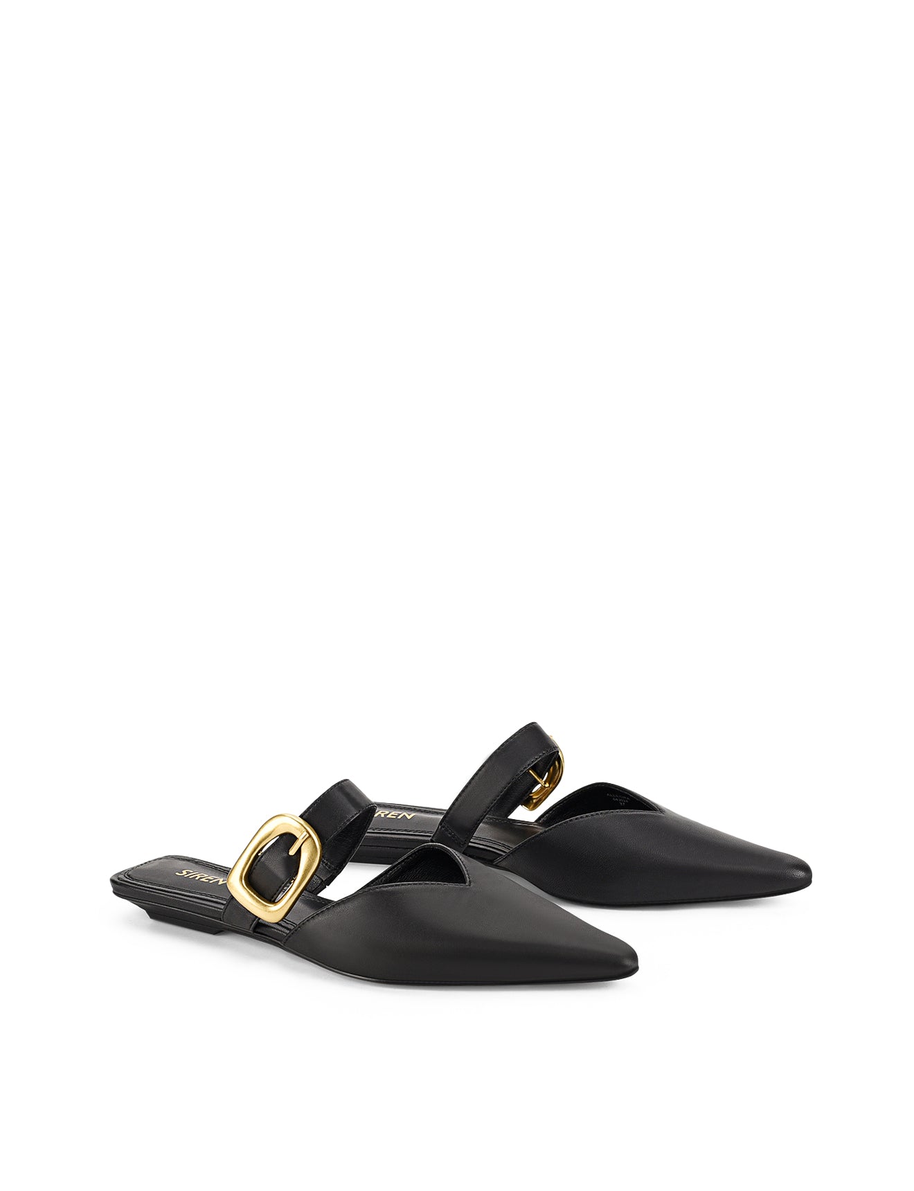 Women's flat pointed toe mule with gold buckle