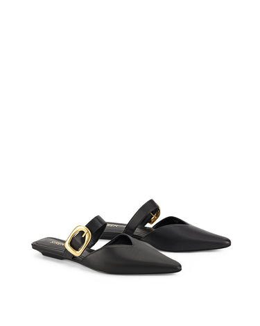 Women's flat pointed toe mule with gold buckle