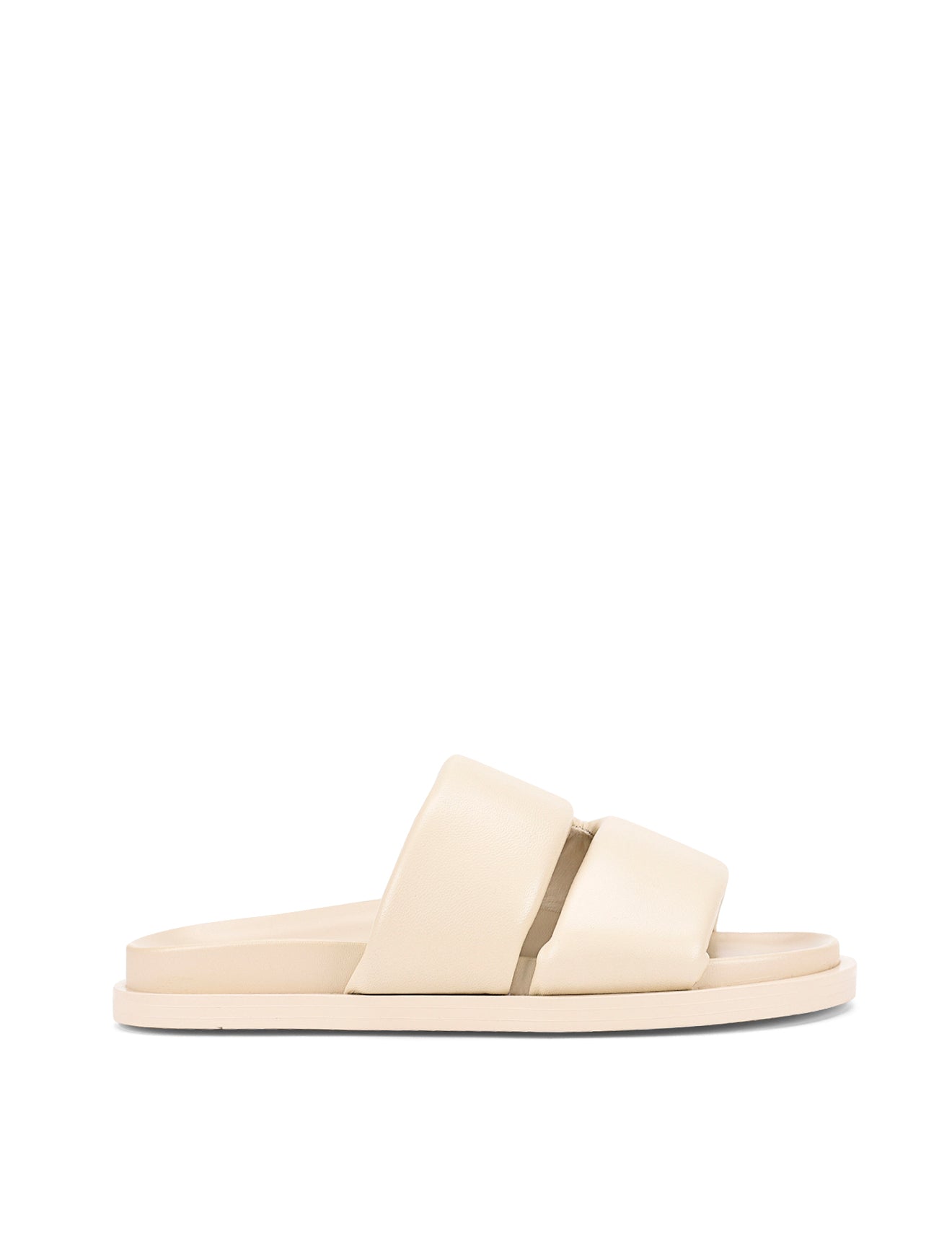 Women's beige leather footbed slide with puffy vamp upper