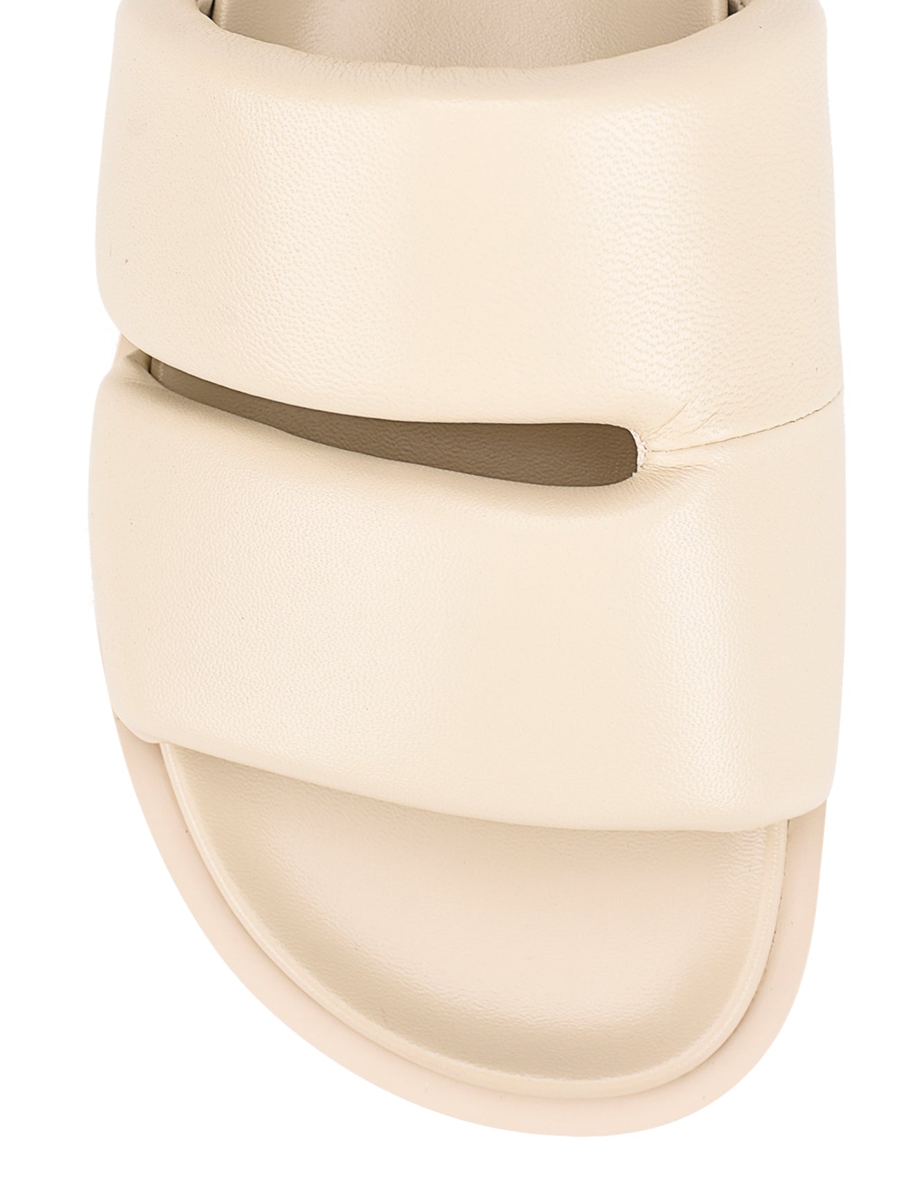 Women's beige leather footbed slide with puffy vamp upper