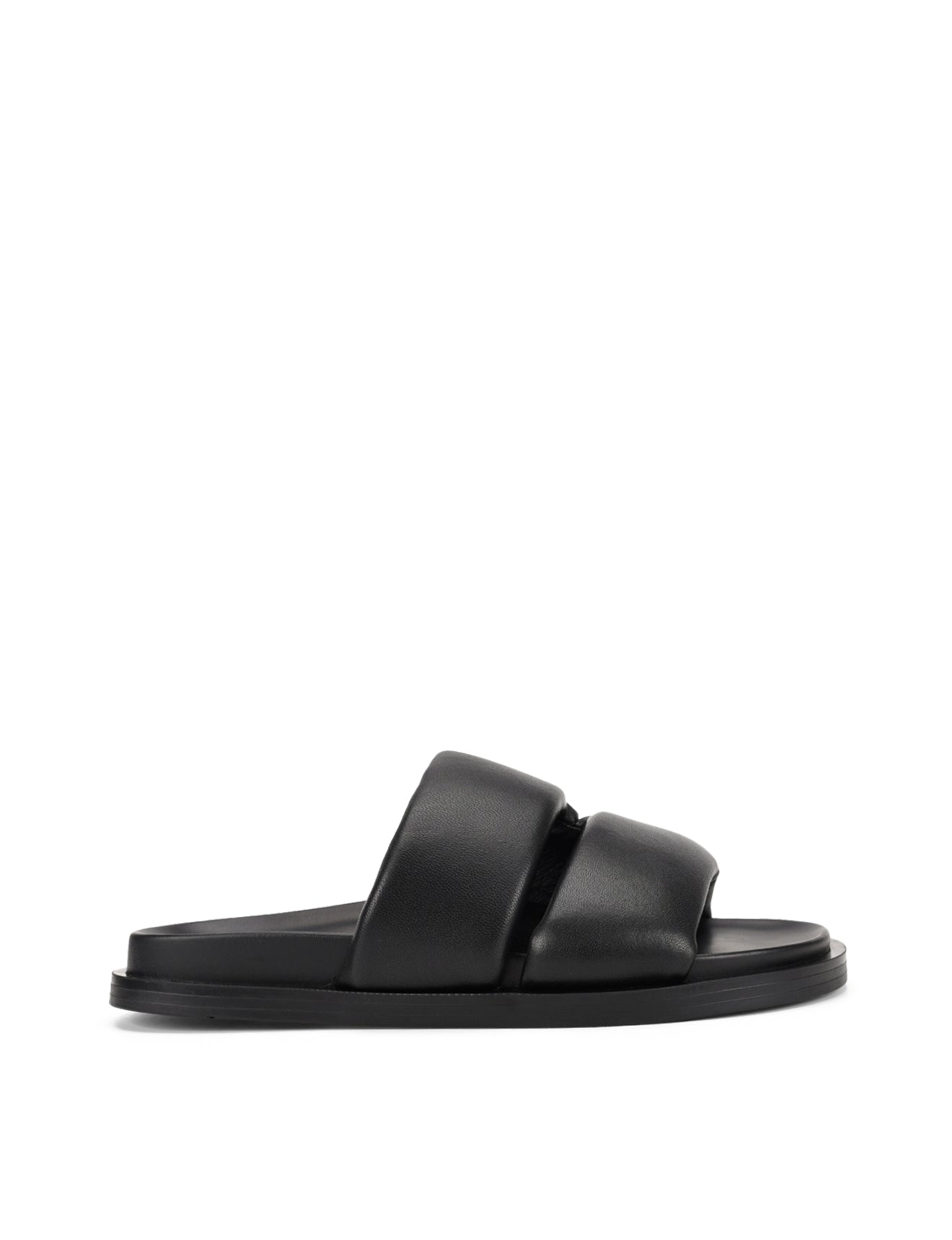 Women's black leather footbed slide with puffy vamp upper