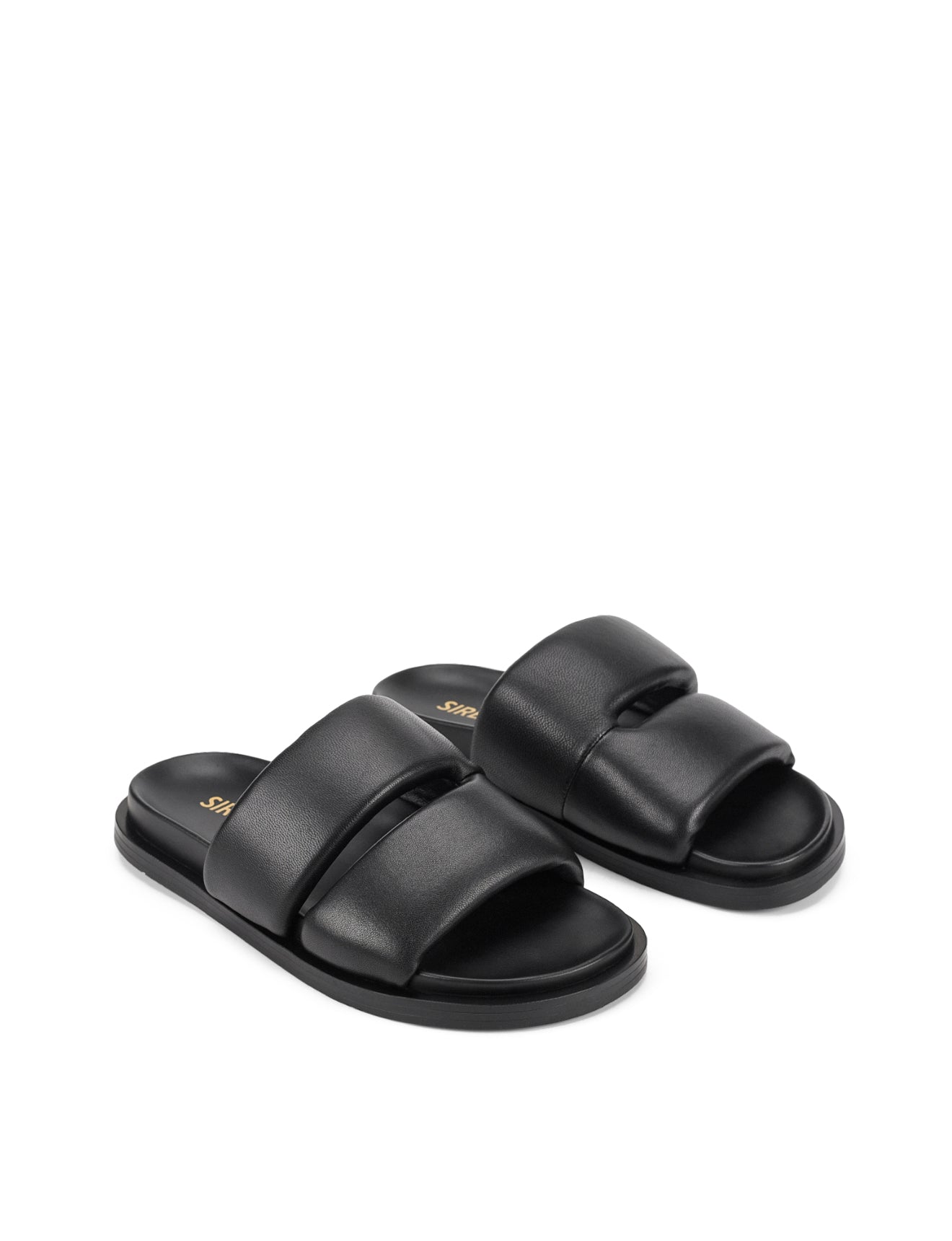 Women's black leather footbed slide with puffy vamp upper