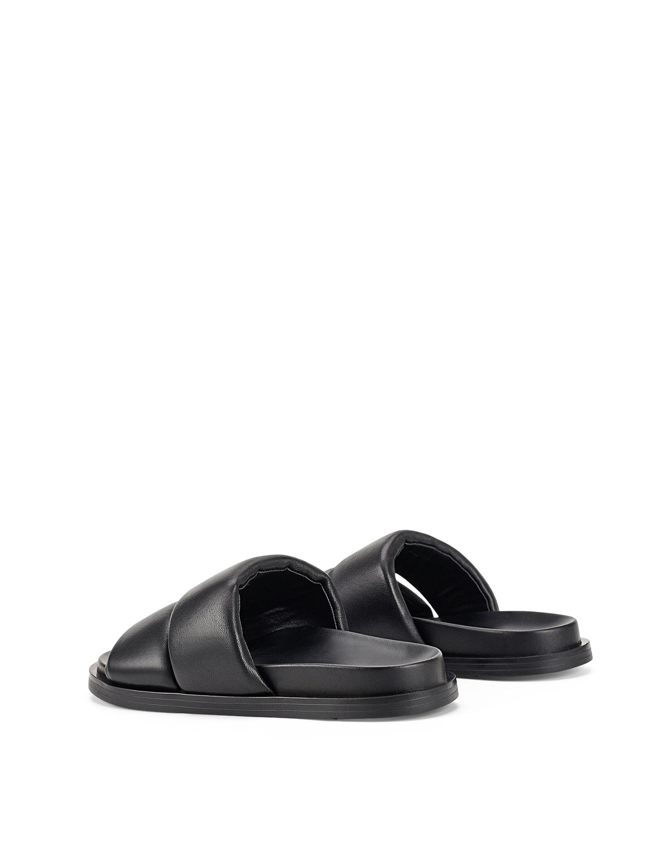 Women's black leather footbed slide with puffy vamp upper