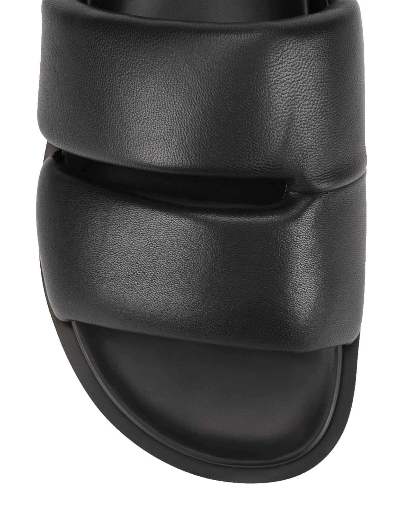 Women's black leather footbed slide with puffy vamp upper