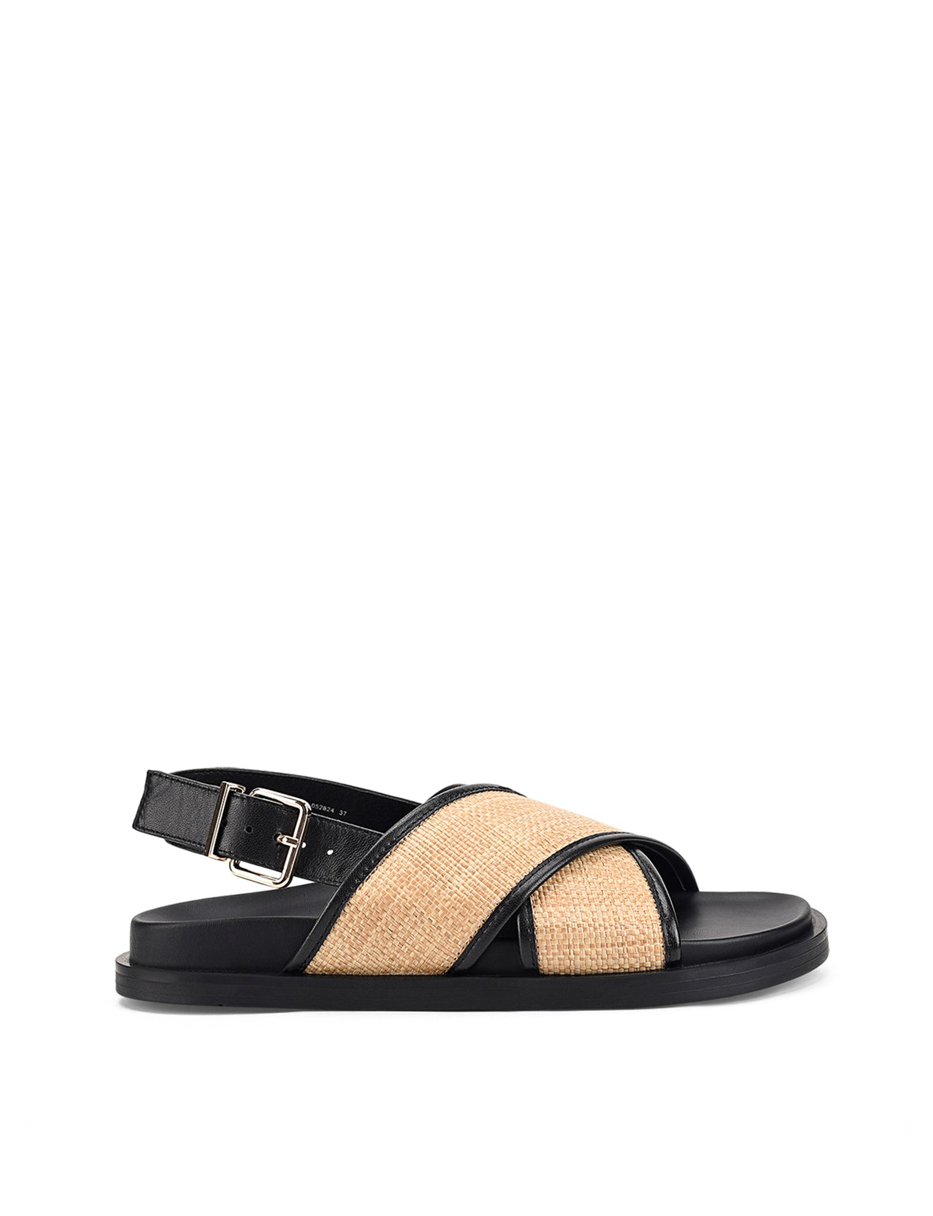 Women's black leather and natural raffia footbed sandal