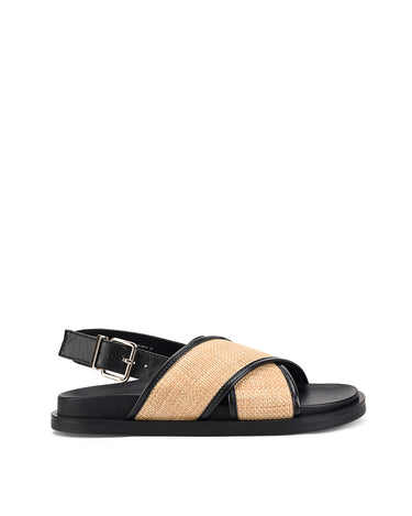 Women's black leather and natural raffia footbed sandal