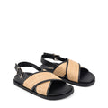 Women's black leather and natural raffia footbed sandal