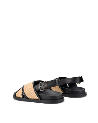 Women's black leather and natural raffia footbed sandal