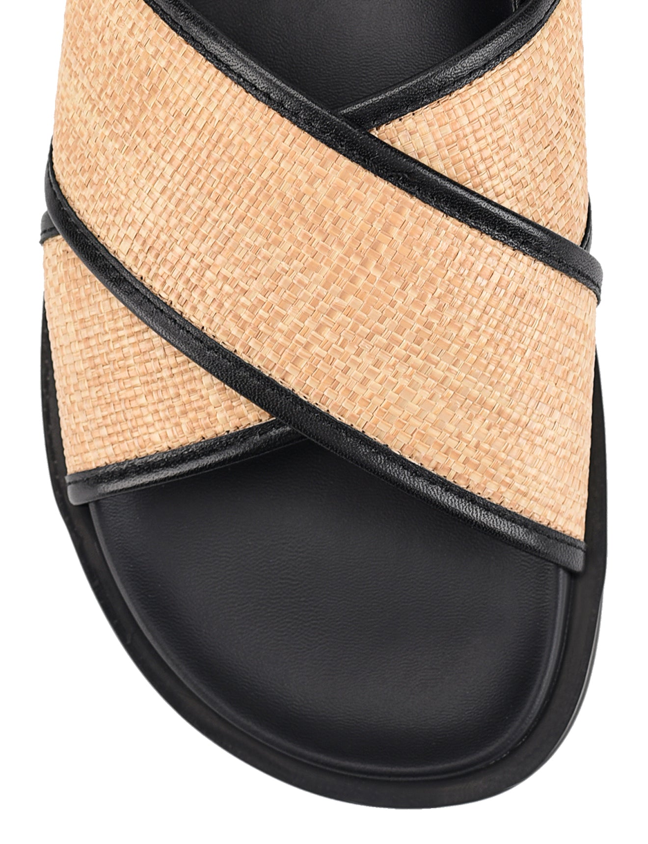 Women's black leather and natural raffia footbed sandal