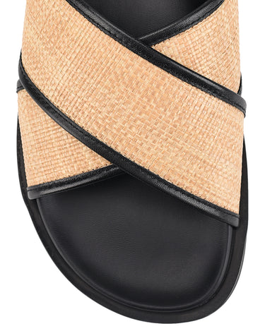 Women's black leather and natural raffia footbed sandal