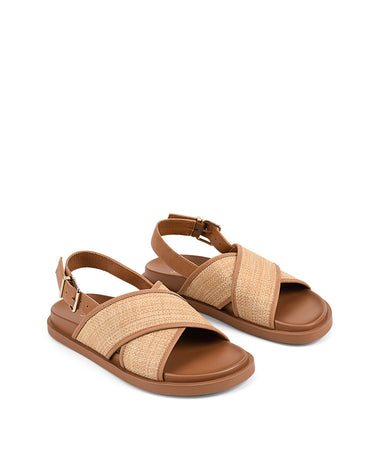 Women's tan leather and natural raffia footbed sandal