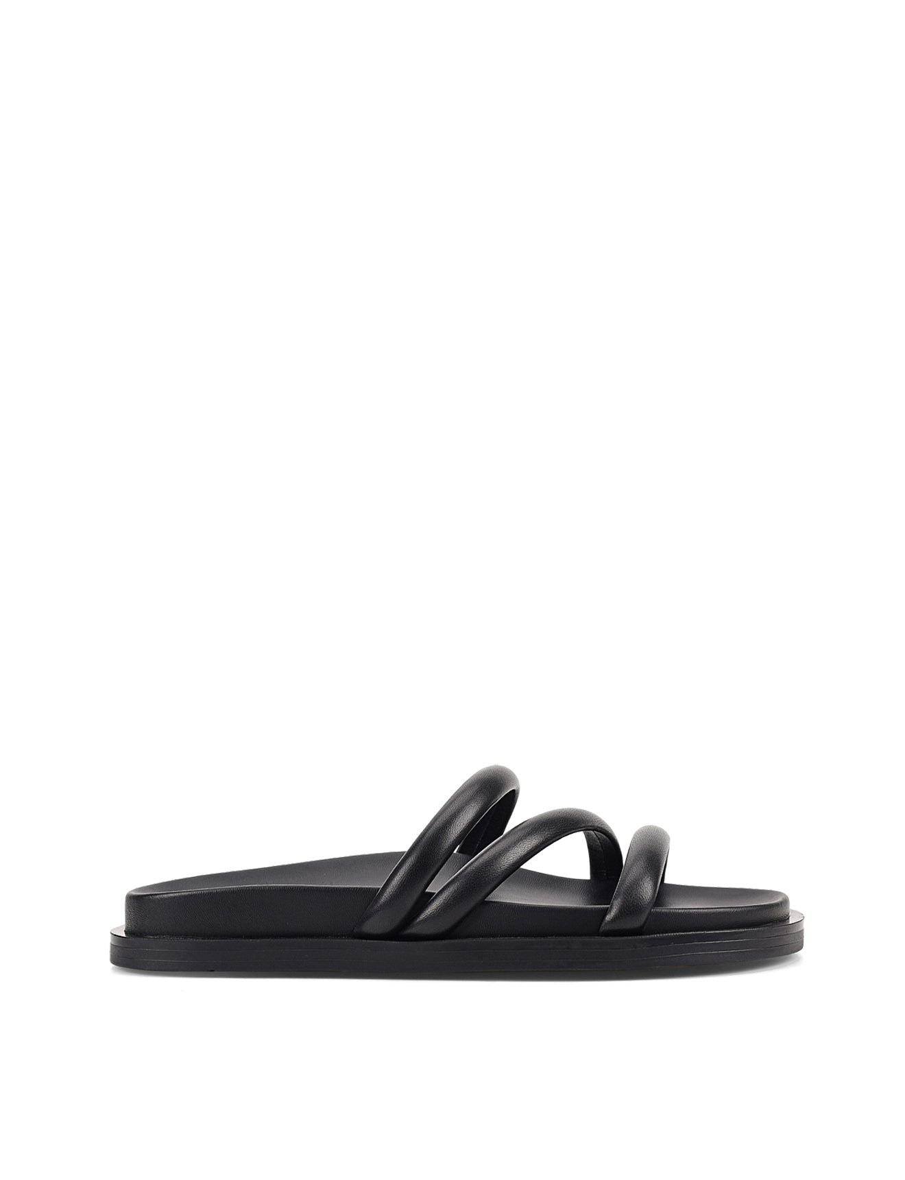 Women's black leather strappy footbed slides