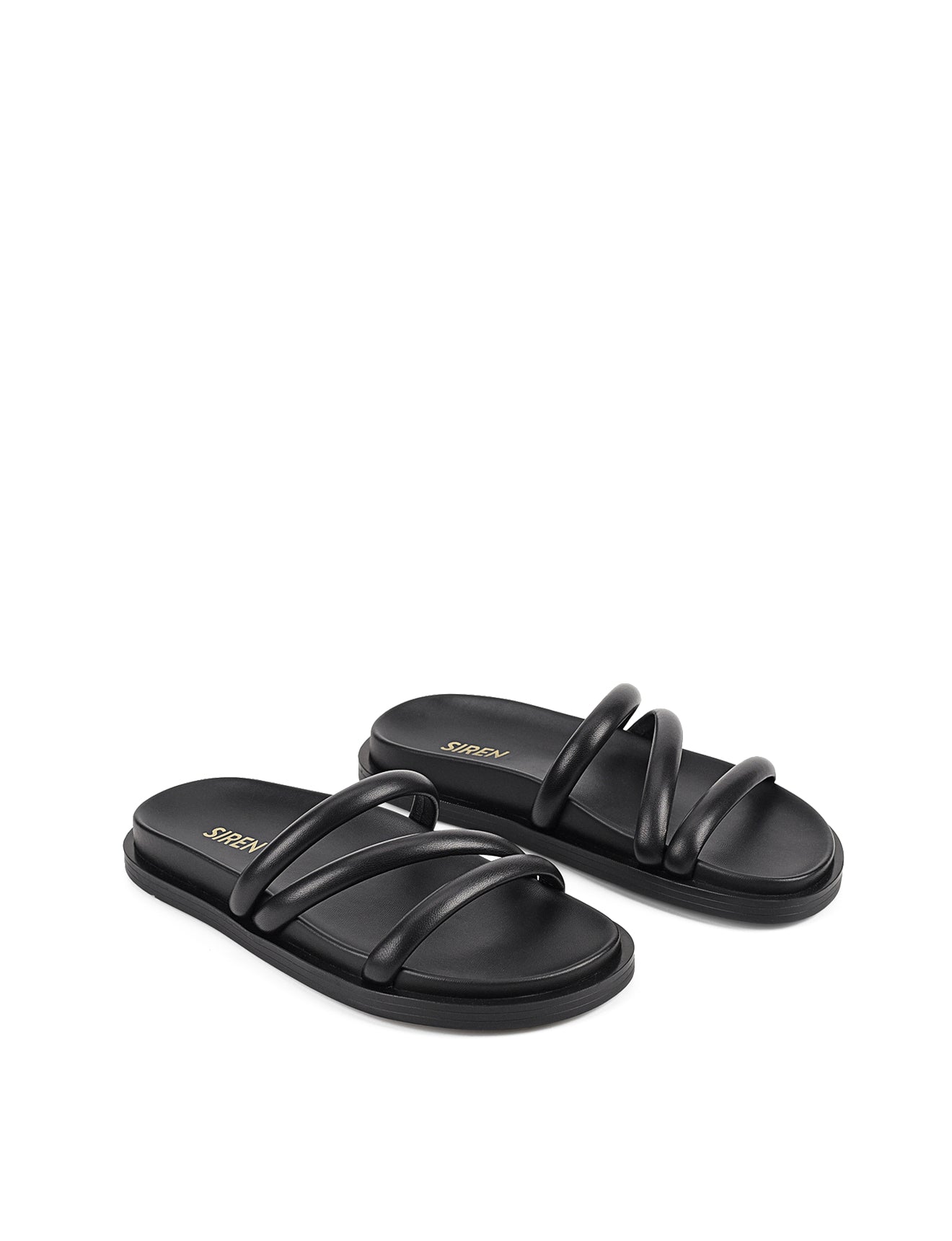 Women's black leather strappy footbed slides