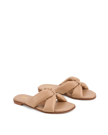 Women's tan almond leather flat slide for summer