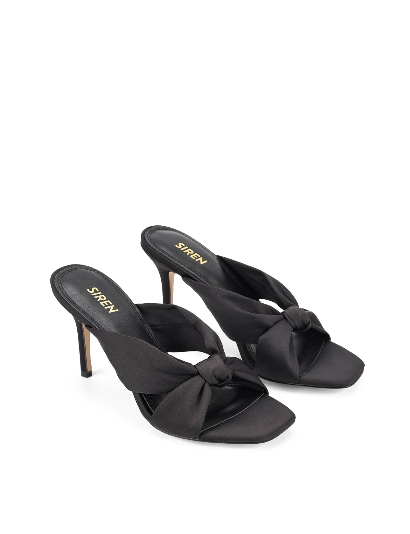 Women's black satin stiletto mules with square toe and knot detailing