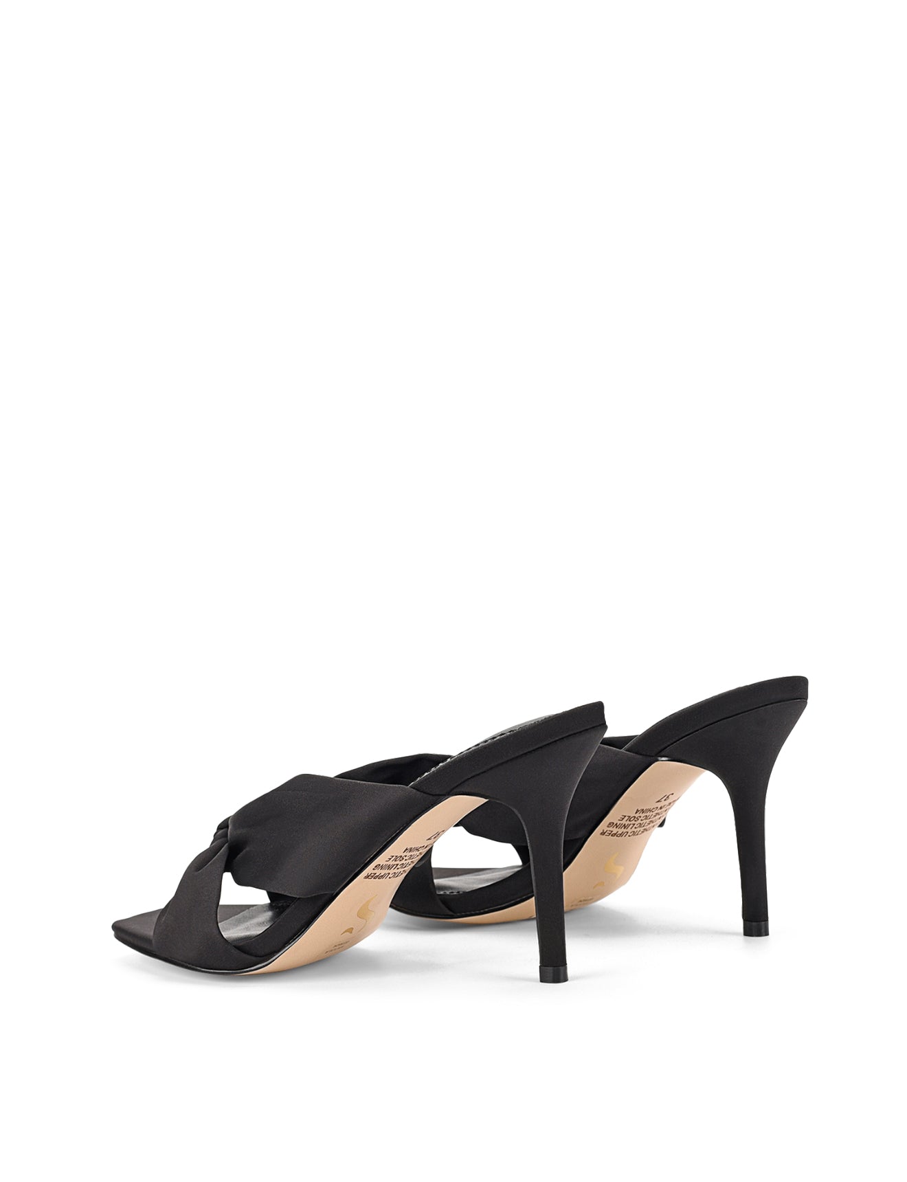 Women's black satin stiletto mules with square toe and knot detailing