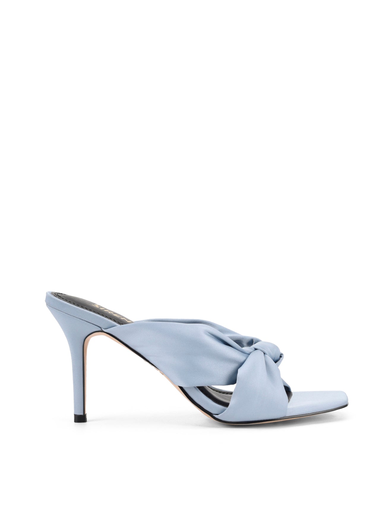 Women's blue satin stiletto mules with square toe and knot detailing