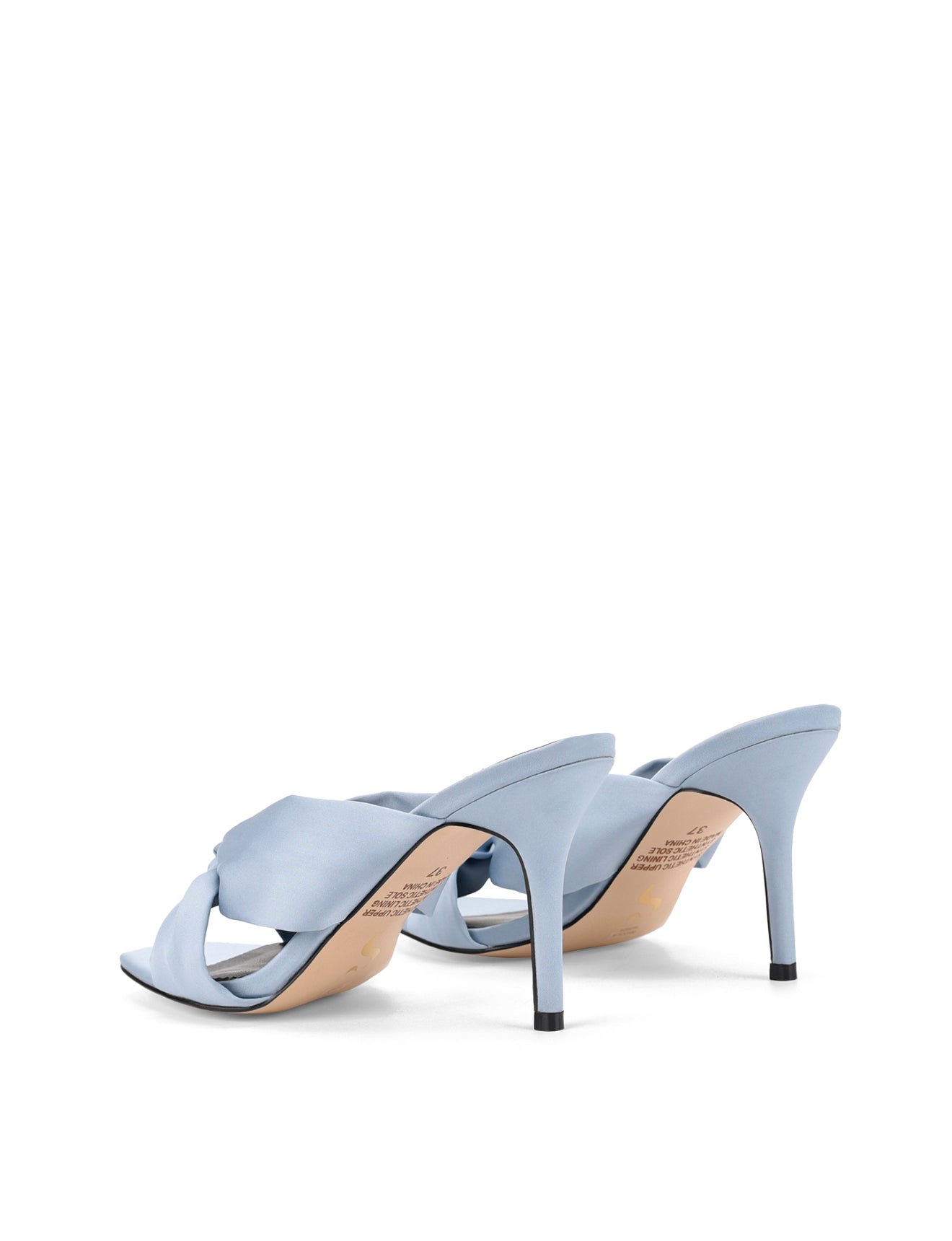 Women's blue satin stiletto mules with square toe and knot detailing