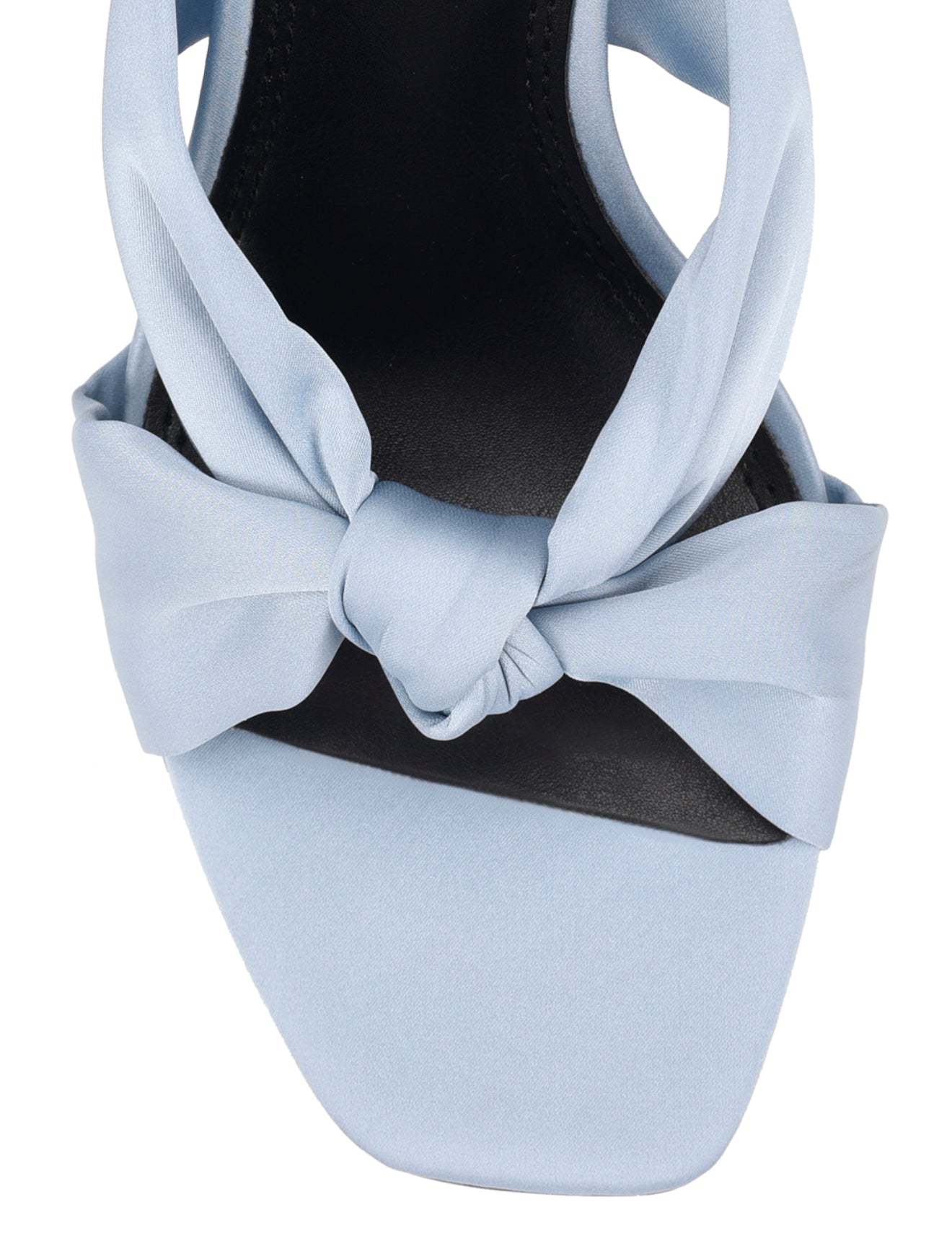 Women's blue satin stiletto mules with square toe and knot detailing