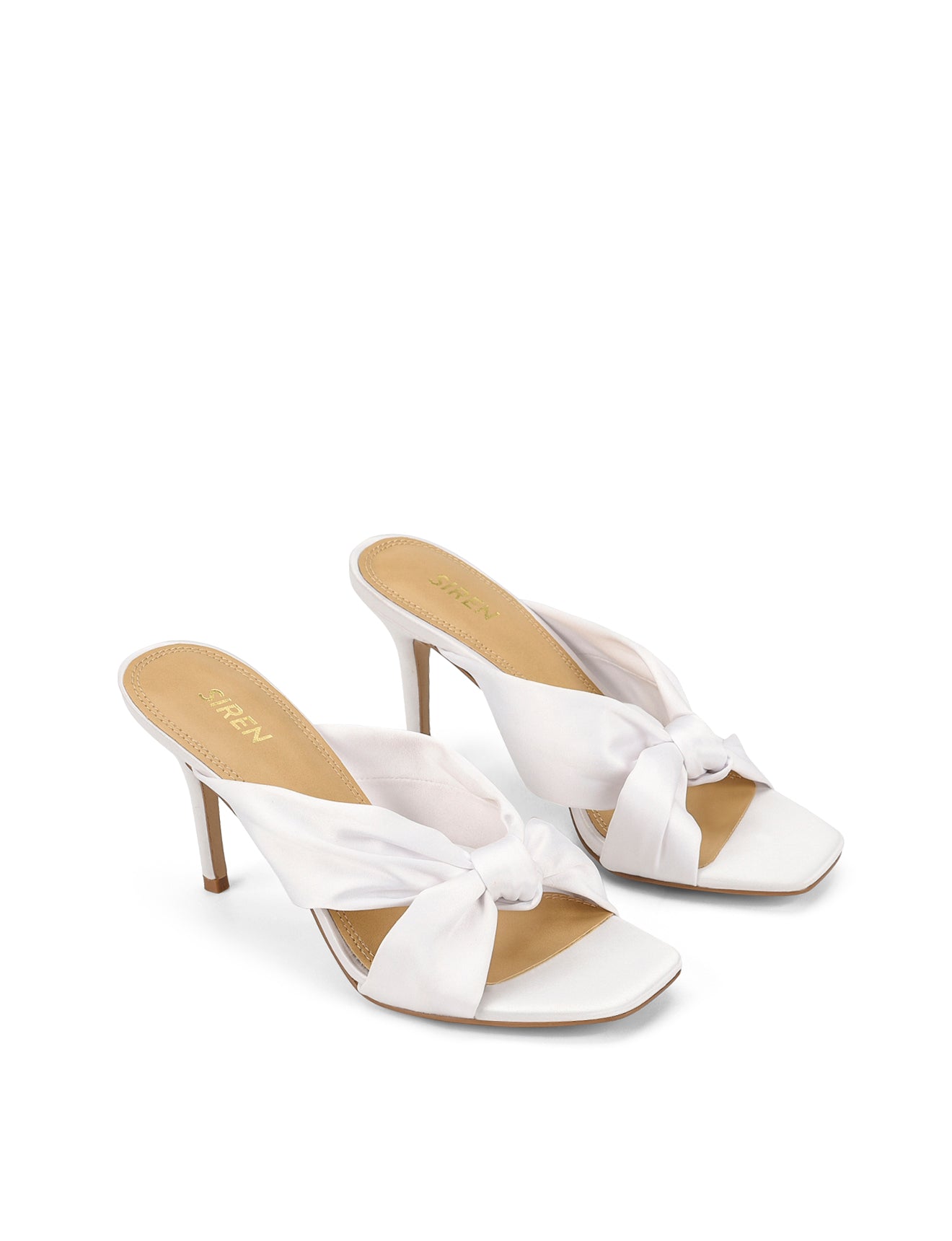 Women's bridal shoes white satin stiletto mules with square toe and knot detailing