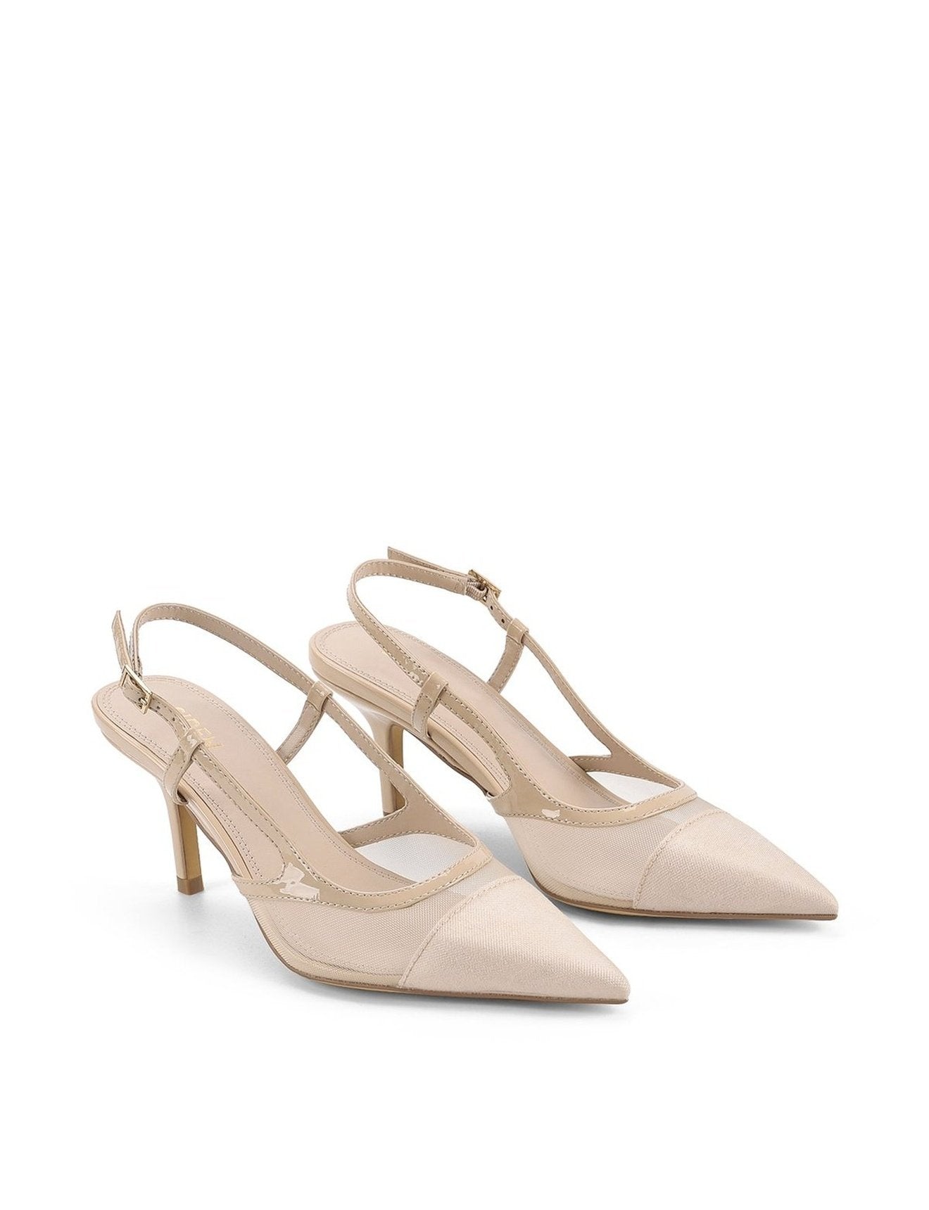 Womens slingback pointed toe high heels in nude patent leather with mesh details