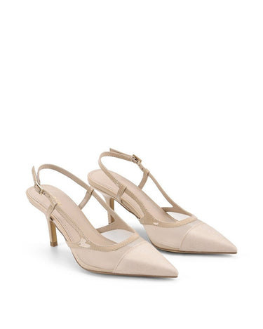 Womens slingback pointed toe high heels in nude patent leather with mesh details