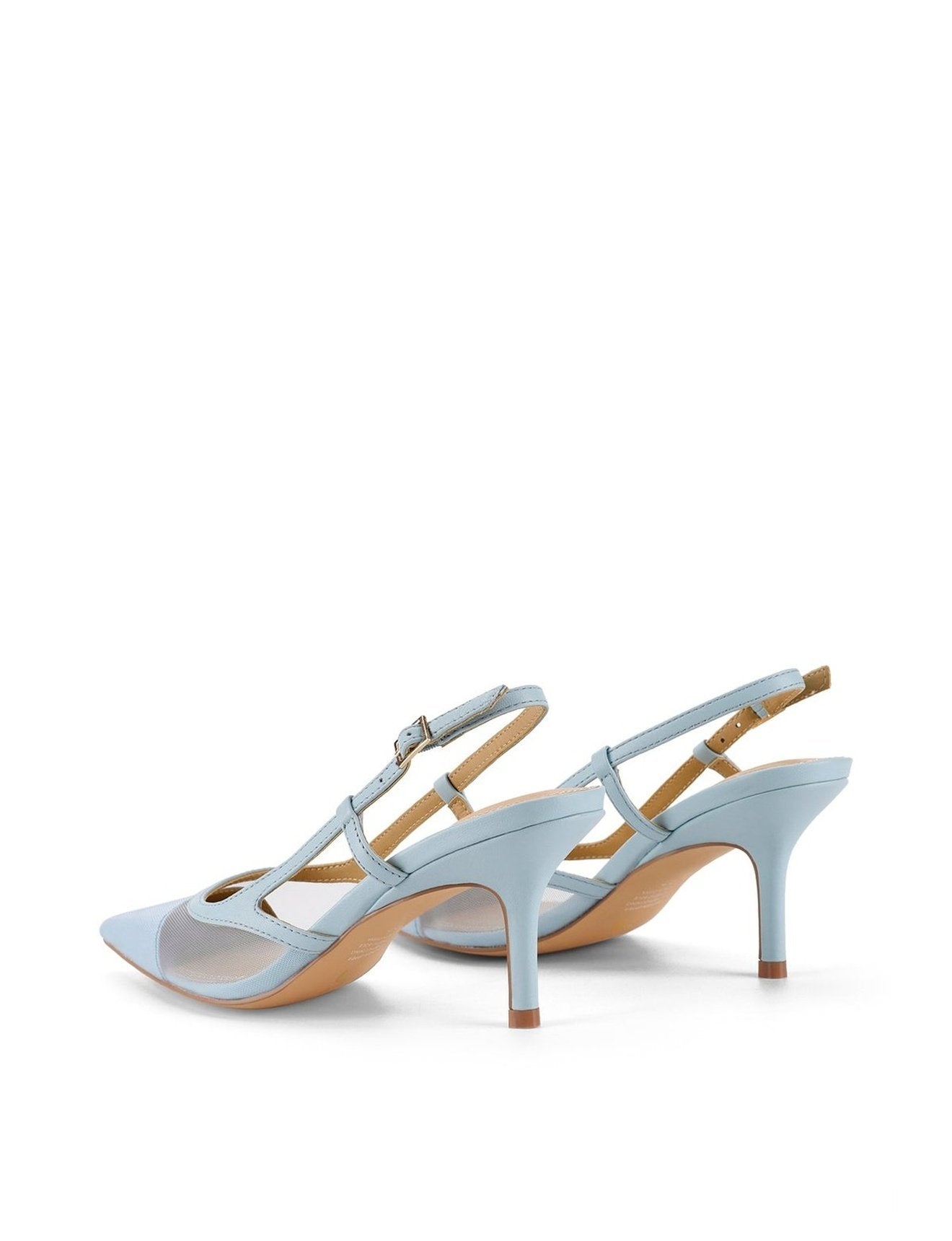 Pale blue leather slingback pointed toe pumps with mesh detailing and adjustable buckle fastening