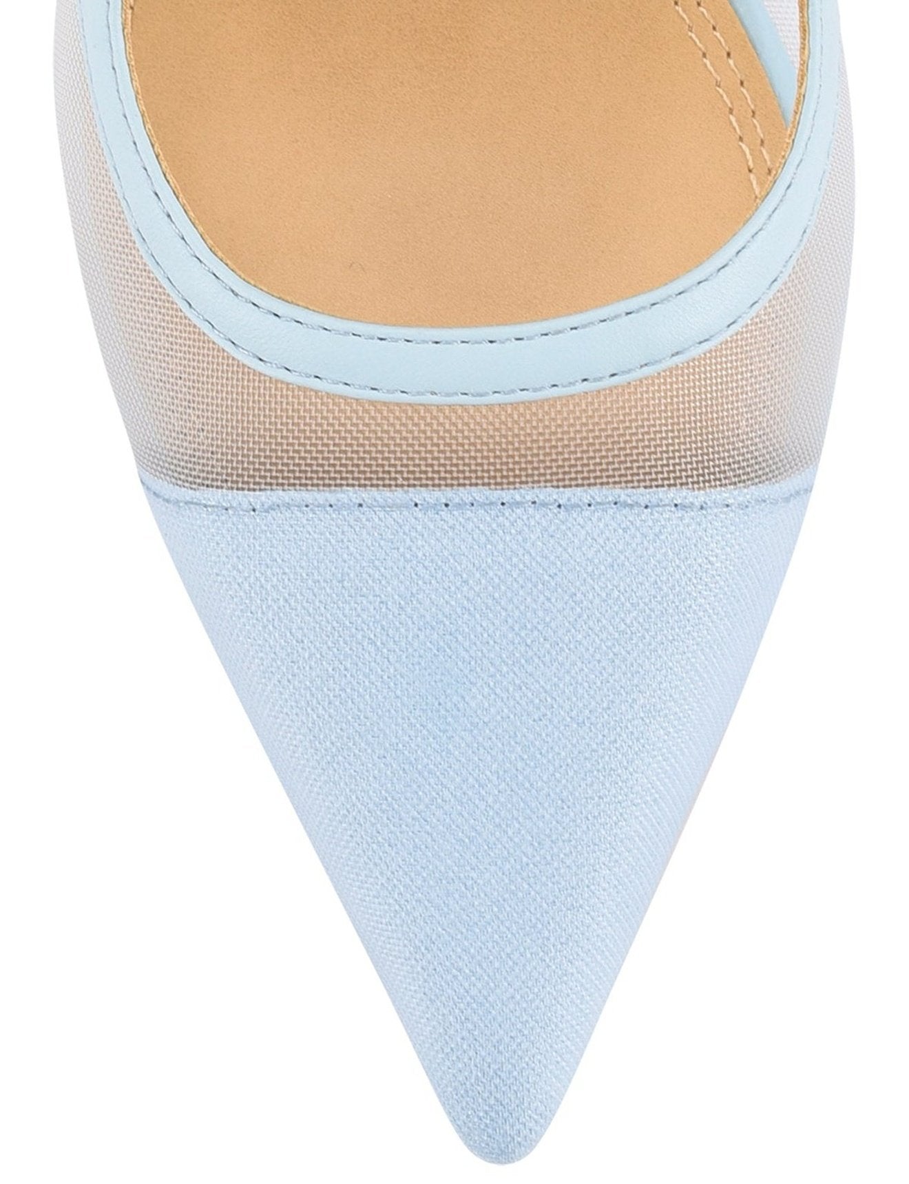 Pale blue leather slingback pointed toe pumps with mesh detailing and adjustable buckle fastening