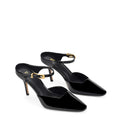 Women's black patent closed toe stiletto mule with buckle vamp strap