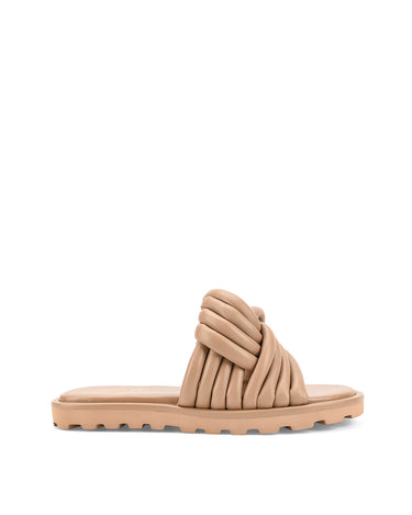 Women's tan leather slides with twist upper detail