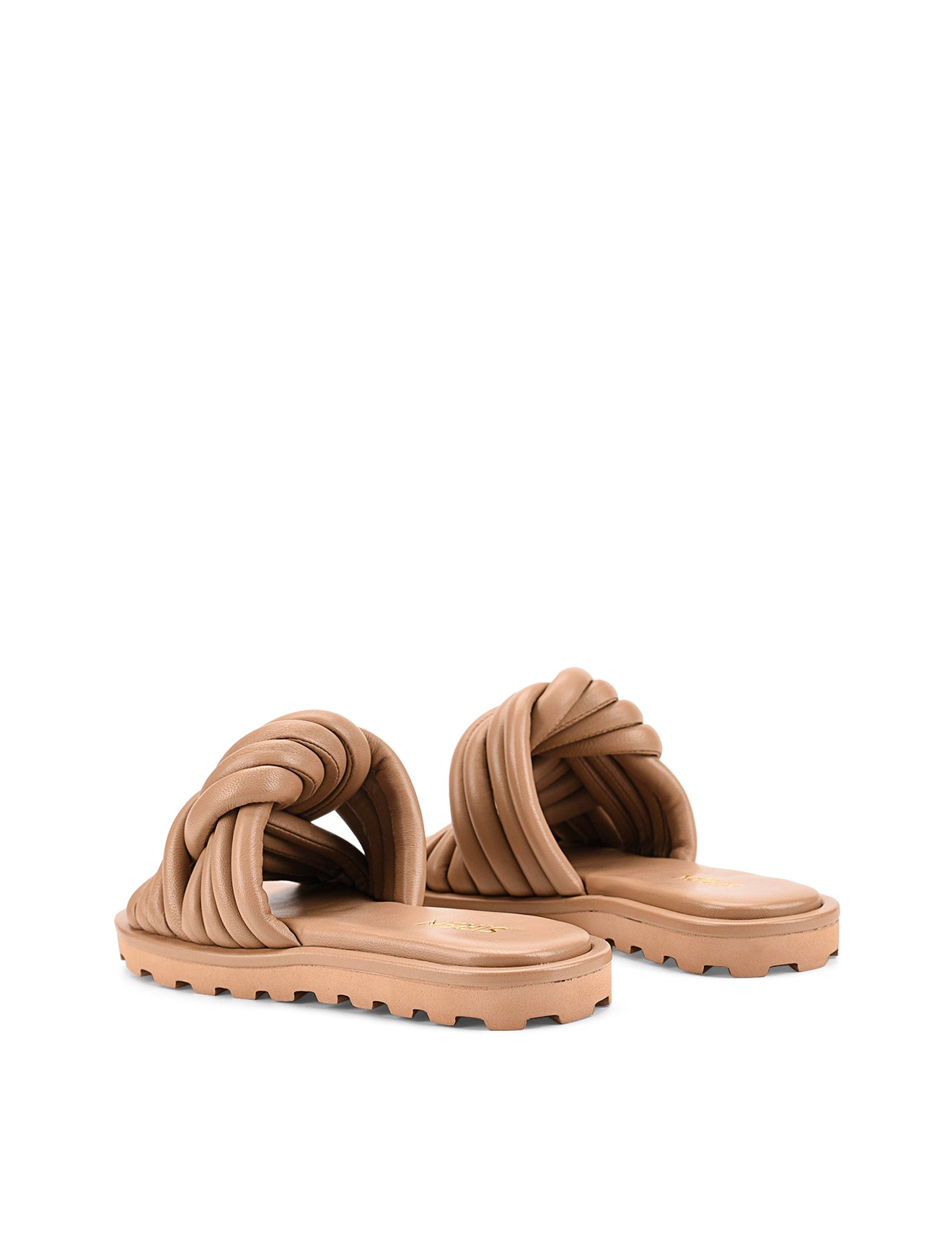 Women's tan leather slides with twist upper detail