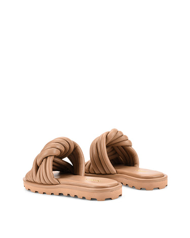 Women's tan leather slides with twist upper detail