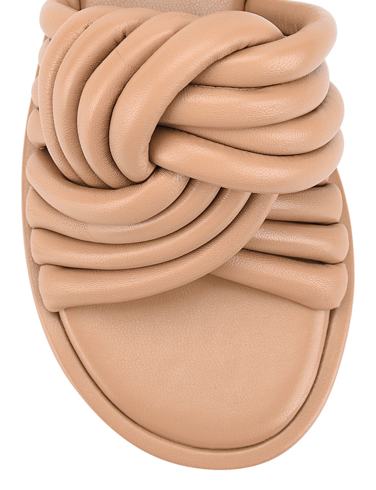 Women's tan leather slides with twist upper detail