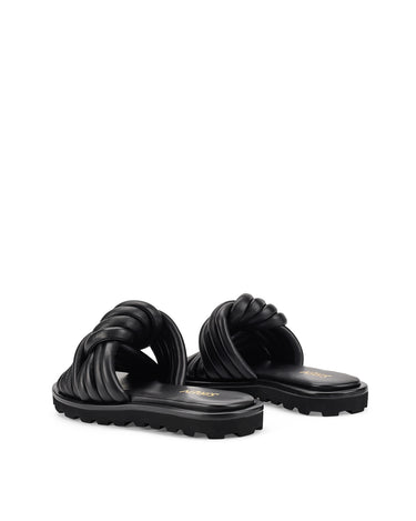 Women's BLACK leather slides with twist upper detail