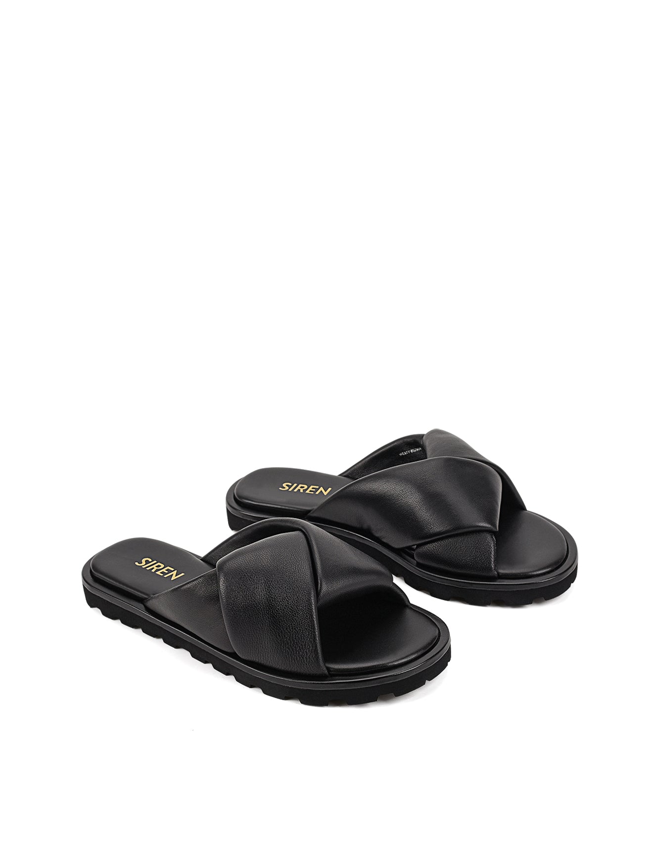 Women's black leather puffy slides