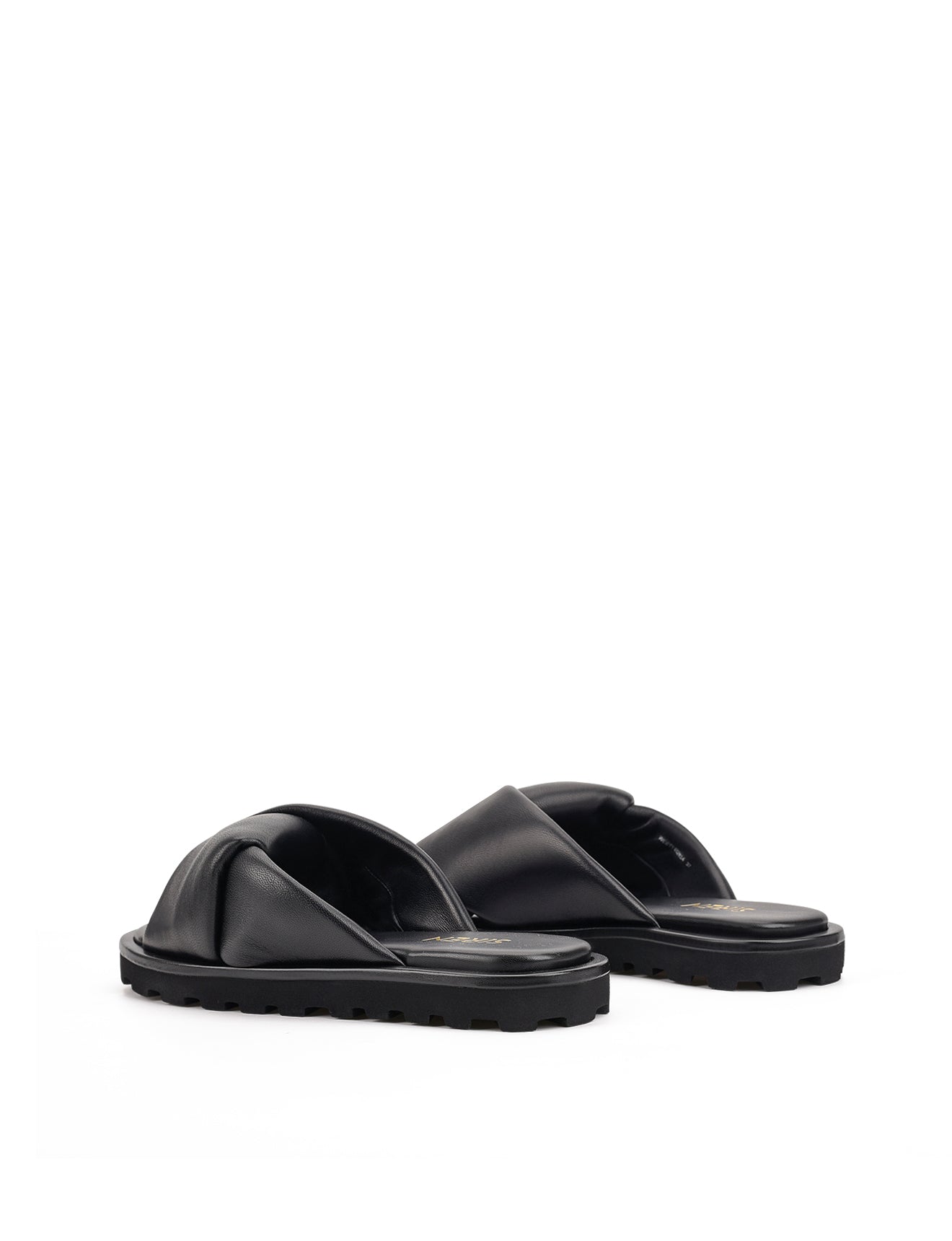 Women's black leather puffy slides